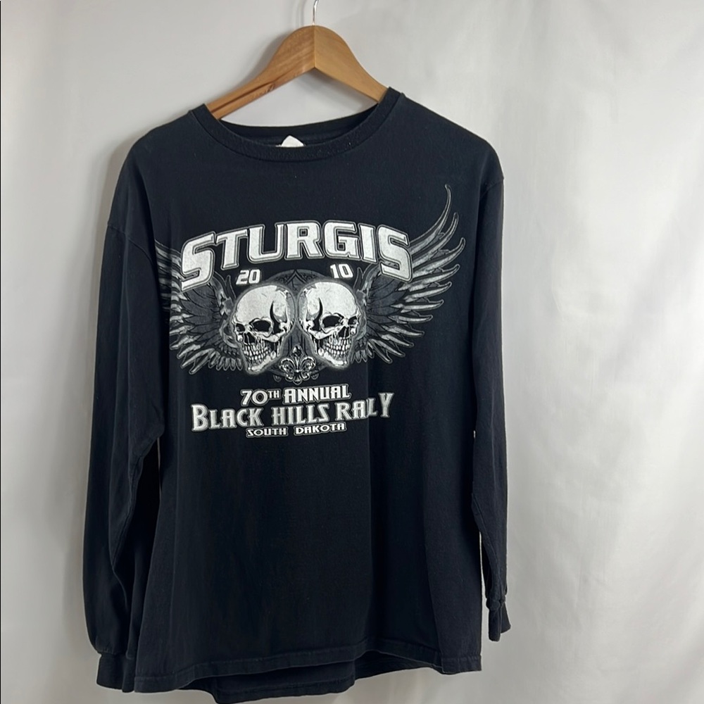 Sturgis 2010 70th Anniversary Black Motorcycle Rally Skull & Wing Shirt Size L